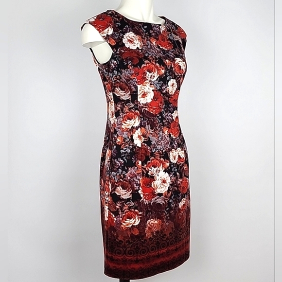 London Times Red Black Cream  Floral Print Sheath Dress Capped Sleeves Size 4 - Picture 2 of 15